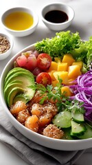 Delicious poke bowl presenting salmon, mango, and fresh vegetables