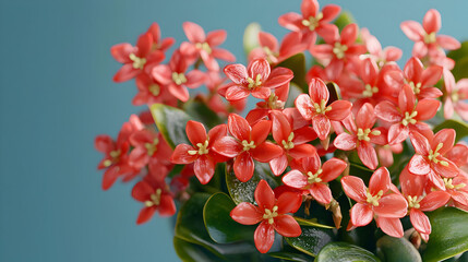 Close-up of cluster of small, vibrant coral-colored flowers, set against a teal backdrop.  The flowers have a star-like shape and are densely packed on the plant, with glossy, dark green leaves