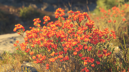 Cluster of vibrant orange-red flowers, densely packed on a bush,  sunlit, against a backdrop of dry grasses and light-colored ground