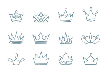 Hand drawn doodle crowns, King crown sketches, majestic tiara, king and queen royal diadems vector.