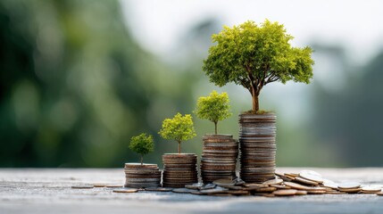 Growth of Investment Represented by Coin Stacks and Green Trees for Environmental Success and Financial Prosperity