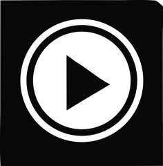 A stark black and white graphic features a prominent white circular play button with a bold black triangle inside signifying media playback