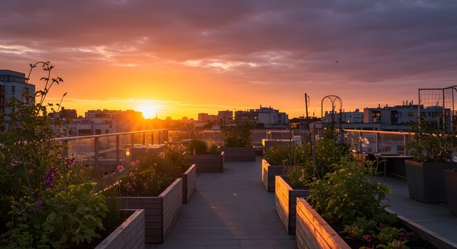 Serene Rooftop Garden with Wooden Planters Glowing at Dramatic Urban Sunset.