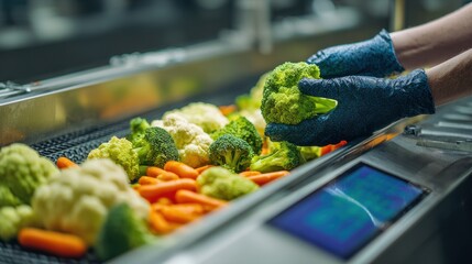Hands in blue gloves sorting fresh vegetables on production line, close-up view of broccoli and carrots