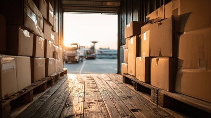 Sunlight Illuminates Delivery Boxes Inside a Shipping Container at a Logistics Facility