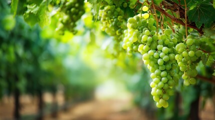 Fresh Green Grapes Hanging from Vines in a Lush Vineyard Under Soft Natural Light
