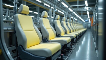 Automotive factory interior rows of newly manufactured car seats. Seats feature yellow, gray upholstery, arranged on assembly line for vehicle production. Modern manufacturing process, automation in