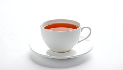 A cup of tea on a saucer, white background