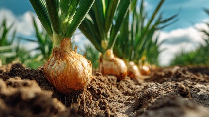 Close-up of Freshly Harvested Onions Growing in Healthy Soil Under Bright Blue Sky