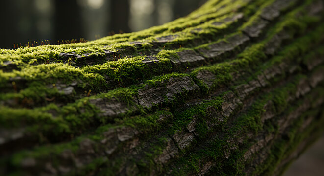 Lush Green Moss Covering Tree Bark A Close-Up of Forest Life