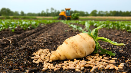 A pale root vegetable lies on rich soil, beside scattered seeds, with a tractor in the background.  Green seedlings in rows