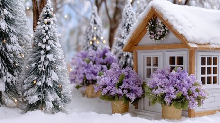 Two small houses surrounded by colorful flowers and fresh snow in a bright winter setting.