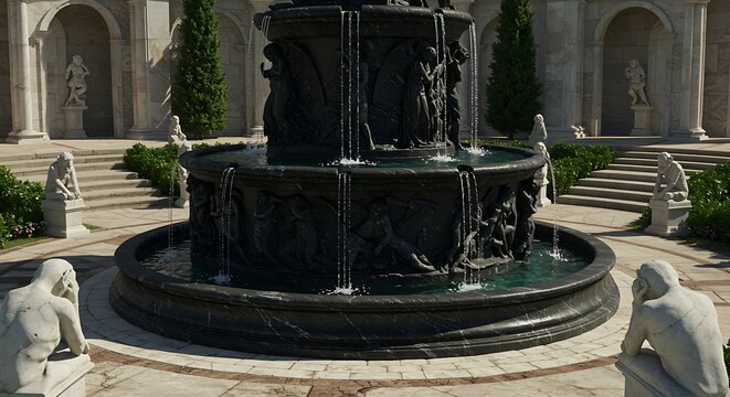 Stunning ornate fountain with classical sculptures in a serene sunlit courtyard - Powered by Adobe