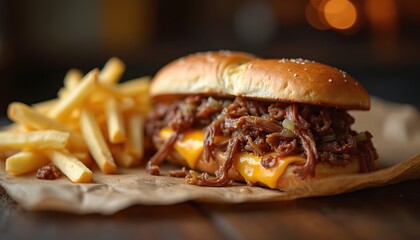 Hearty sub sandwich filled with shredded beef, melted cheddar cheese, sauteed onions, served alongside crispy golden french fries. Savory American comfort food offers delicious, filling meal, perfect