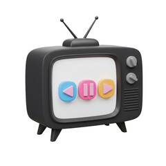 A retro television displays media controls suggesting entertainment and streaming content in a modern digital world.