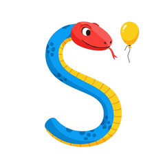Fototapeta premium Playful cartoon snake shaped like the letter S with a cheerful expression and a floating yellow balloon adding a touch of whimsy.