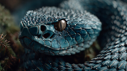 Fototapeta premium A closeup macro shot of a dark blue viper snakes head with intricate scales and a piercing eye
