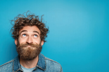 Portrait of a cheerful bearded man with curly hair wearing a denim jacket, looking up with a playful expression against a bright blue background. Concept of happiness, optimism and creativity