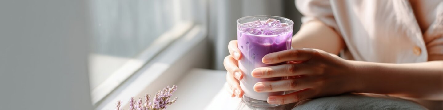 Woman holding glass of ube latte by window with lavender plant