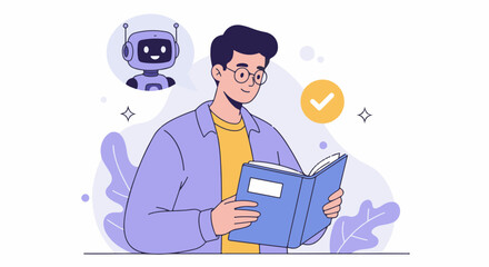 A person reading a book, with a friendly robot appearing in their thoughts.