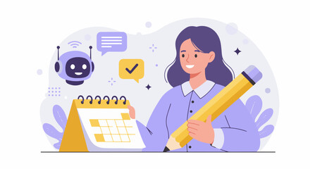 Smiling woman plans schedule aided by AI assistant.