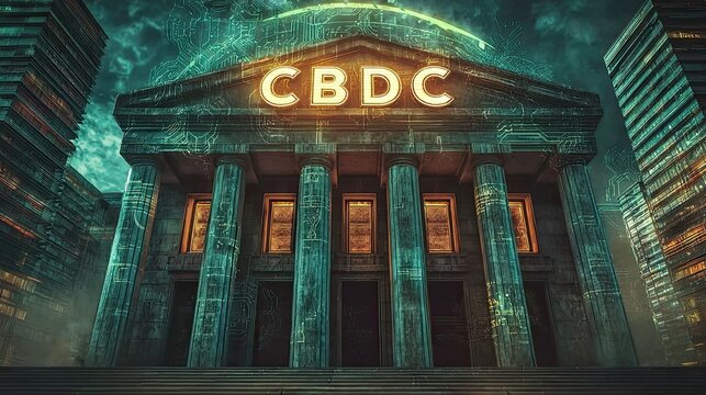 Futuristic central bank building with glowing CBDC sign and sci-fi digital elements, symbolizing central bank digital currency and financial control