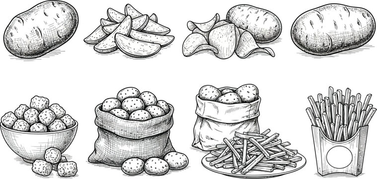 Delicious potato varieties and crispy fries perfect for food advertising