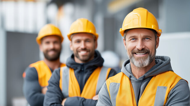 Professional Construction Workers Smiling in Safety Gear with Hard Hats and Orange Vests at a Job Site