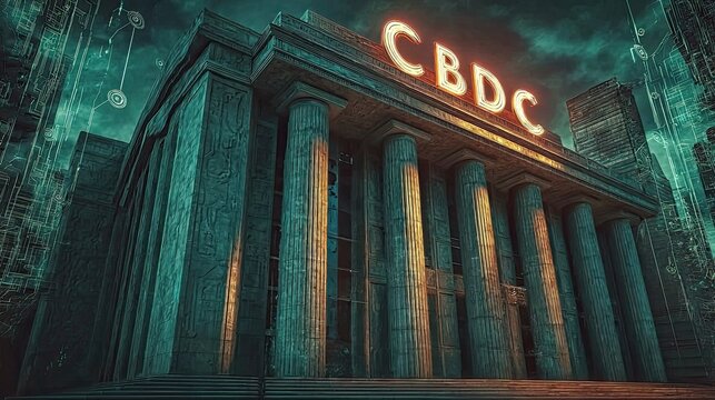 Futuristic central bank building with glowing CBDC sign and sci-fi digital elements, symbolizing central bank digital currency and financial control