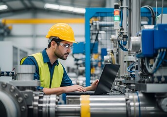 Engineer in hard hat using laptop on factory floor