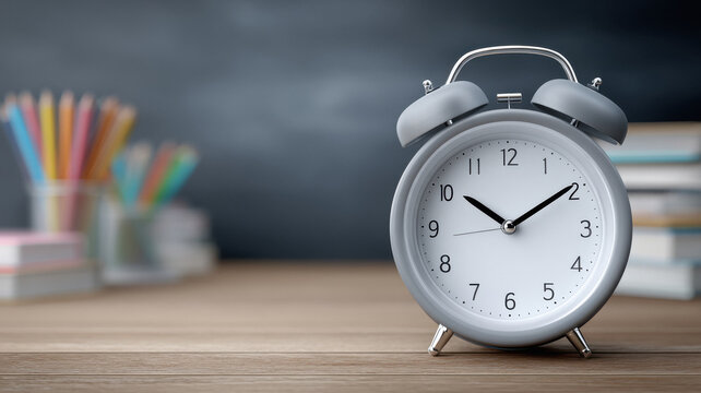 alarm clock stands on a classroom table with books and colorful pencil