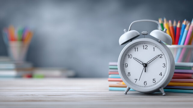 alarm clock stands on a classroom table with books and colorful pencil