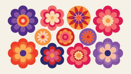 Vector art of a vibrant collection of retro style floral patterns
