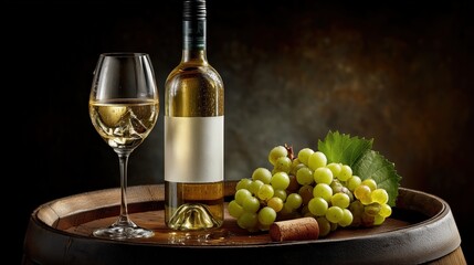 Obraz premium Refreshing white wine with grapes on rustic barrel top