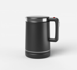 Kitchen electric kettle 3d render icon. Fast boiling water heater for coffee or tea. Modern home appliance, black silver teapot speed boil with handle and button isolated on white bg. 3D illustration