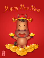 Chinese new year of cute cartoon horse holding scroll reel spring couplet and golden ingot. Chinese Translation : New year
