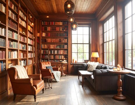 Warm, inviting library with wooden bookshelves and leather furniture
