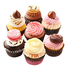 Assorted cupcakes with various frosting colors and decorations