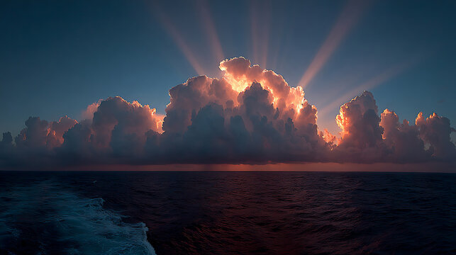 Golden sunlight streams through massive clouds over the ocean at sunrise, casting dramatic rays - Powered by Adobe