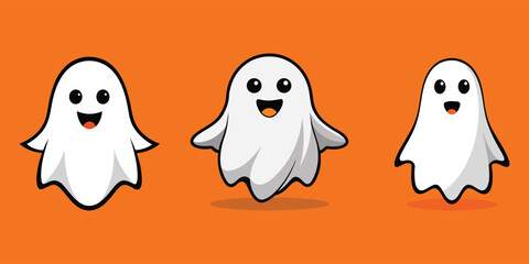 Set of cute Halloween ghost characters in flat vector style. Great for spooky themes, party decor, and holiday illustrations.