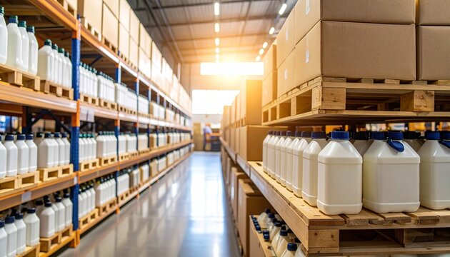 Storage and storage of chemical liquids. Smooth rows of liquid containers in wooden boxes. Background of bottles stored in the warehouse. The concept of warehousing and storage of goods.