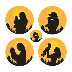 Mother And Child In Front Of The Sun Silhouette Vector Icon Design