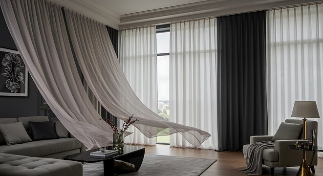 Elegant sheer curtains billow in modern living room, creating airy, sophisticated ambiance