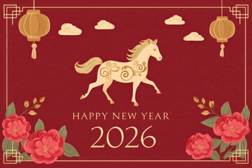 Chinese New Year 2026 Illustration with Red Fire Horse, Golden Clouds and Lantern, Decorative Peonies and Traditional Symbols in Red and Gold, 3D, Copy Space, Isolated