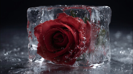 A beautiful, abstract image of a single, colorful flower perfectly preserved and frozen inside a clear, geometric block of ice.