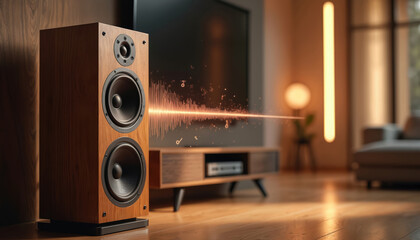 High-end wooden speaker emits vibrant sound waves in modern living room. Premium audio equipment, acoustic design, immersive music experience create elegant home entertainment. Sleek design enhances