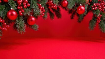 Red Christmas tree decorated with red baubles against a solid red background, festive holiday decor.