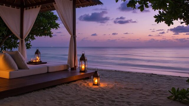 A romantic beach cabana with lanterns and lounge bed is set up on the sand at sunset