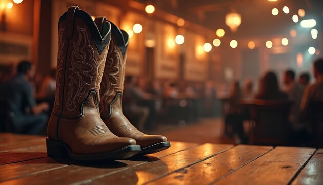 Brown leather cowboy boots stand on a rustic wooden stage inside a country bar. Blurred audience in background, warm cinematic lighting creates inviting atmosphere for live country music performance.