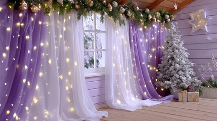 Purple and white curtains with string lights and a decorated Christmas tree by a window at night.